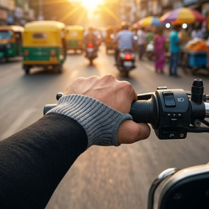 Hand holding motorcycle handlebar with busy street in the background
