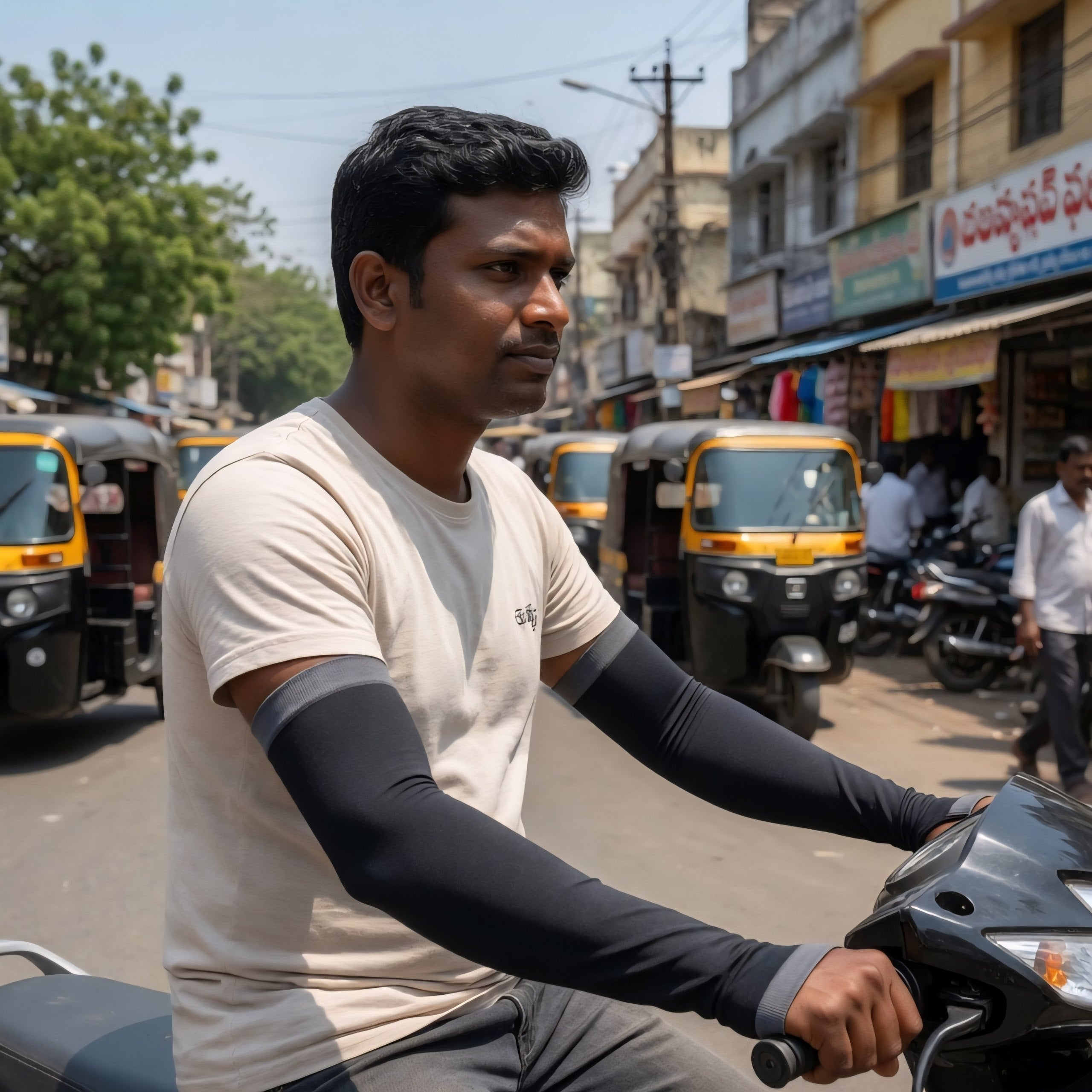 mEN RIDING BIKE WHILE WEARING ARM SLEEVES