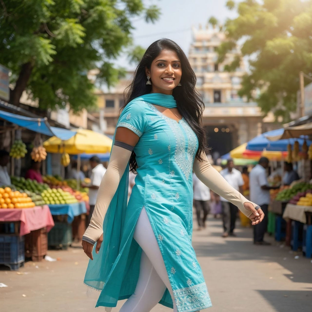 Woman in a turquoise traditional outfit standing in an outdoor market.