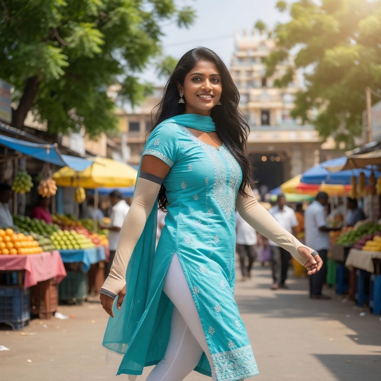 Woman in a turquoise traditional outfit standing in an outdoor market.
