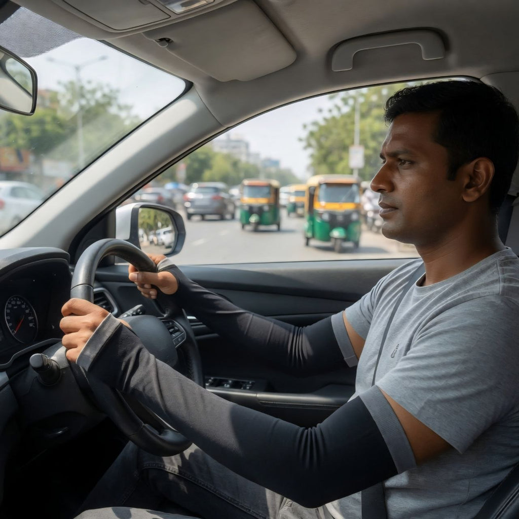 men wearing arm sleeves while driving car