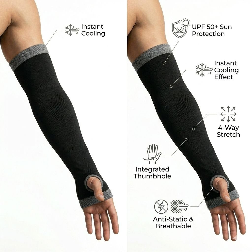 Black arm sleeves with gray cuffs on a person's arms, featuring text labels about product features.