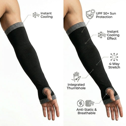 Black arm sleeves with gray cuffs on a person's arms, featuring text labels about product features.