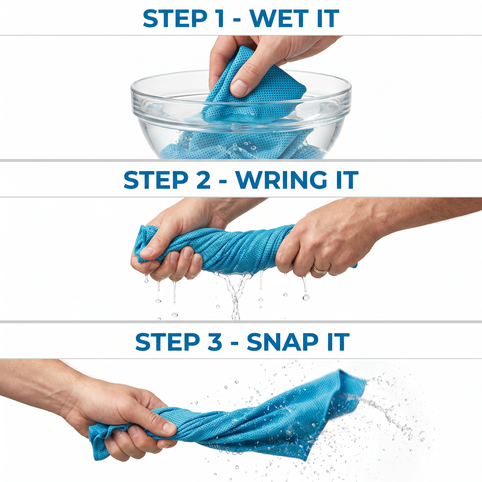 How to use — Wet, Wring, Snap. 3 easy steps to instant cooling